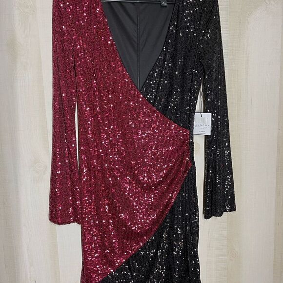 New with tags Laundry by Shelli Segal red black sequin long sleeve dress, sz 6 - Picture 6 of 15